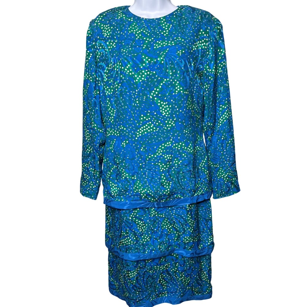 VTG 80s SILK STUDIO Womens Blue Green Polka Dot 100% Silk Tiered Dress 10 Bright